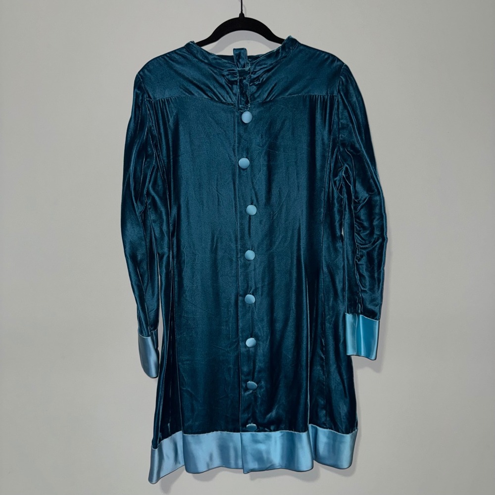 Vintage 1960s Teal Velvet‎ Mini Dress Button Front Satin Trim Long Sleeve Blue